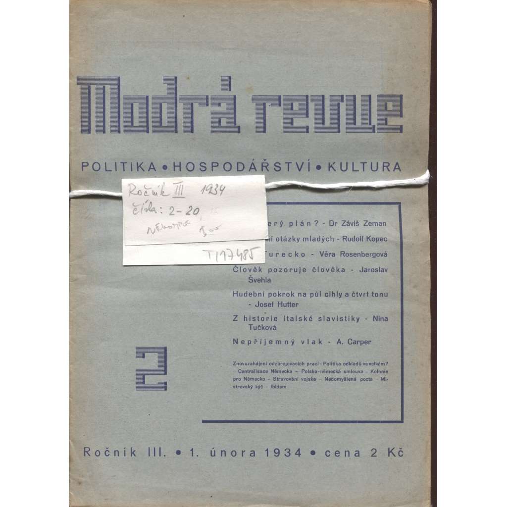 Modrá revue, ročník III./1934, číslo 2.-20. Politika, hospodářství, kultura (není kompletní)