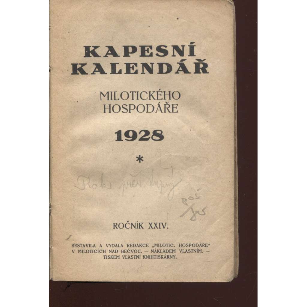 Kapesní kalendář Milotického hospodáře 1928 (poškozeno)