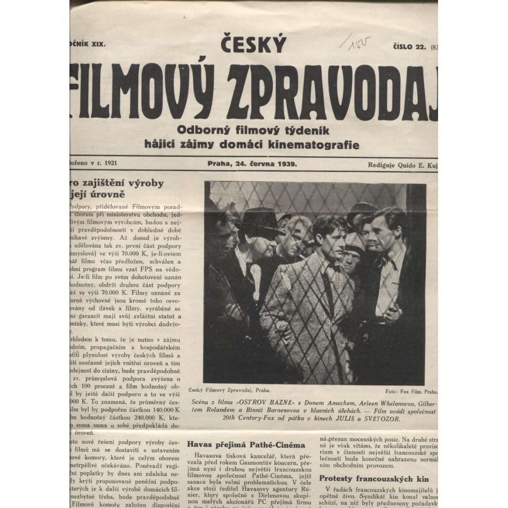 Český filmový zpravodaj, ročník XIX/1939, číslo 22.