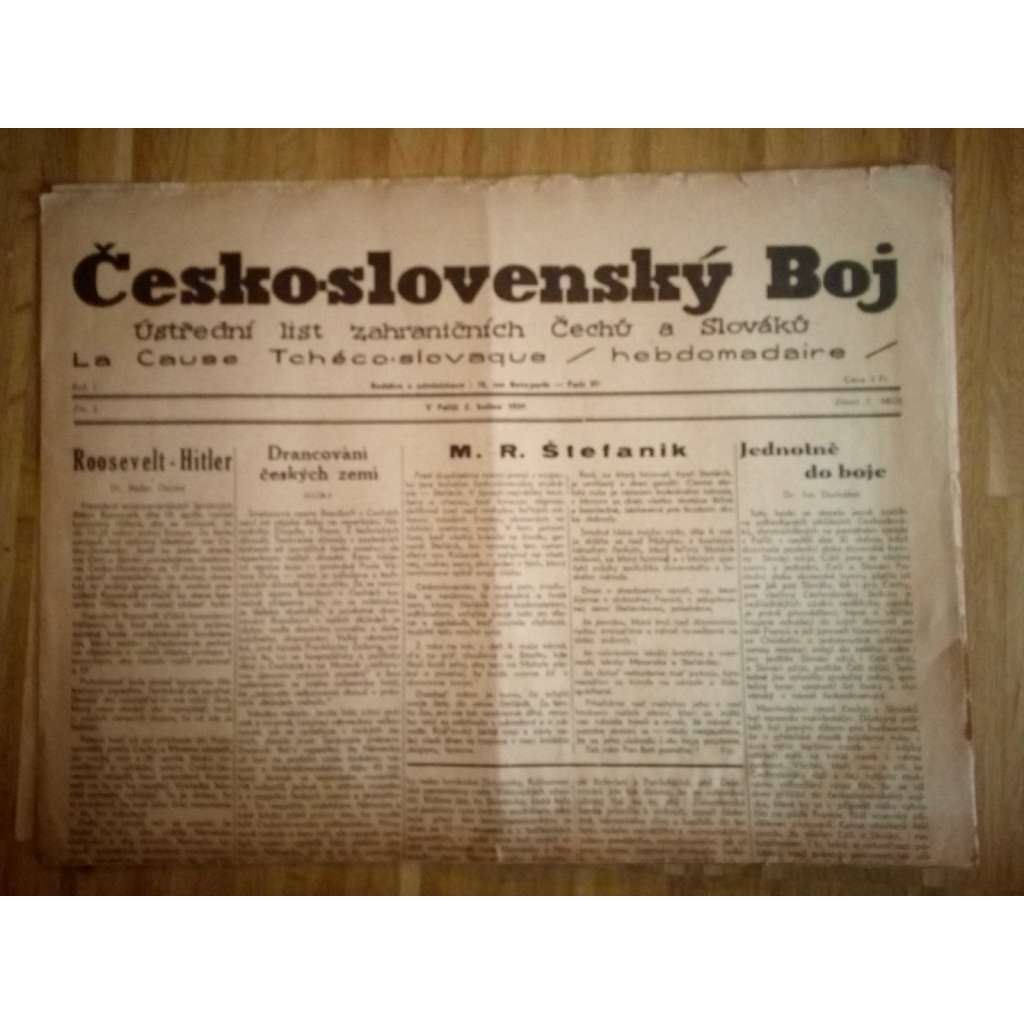 Československý boj, ročník I./1939. Ústřední list zahraničních Čechů a Slováků (exil, Osuský, Paříž) - není kompletní