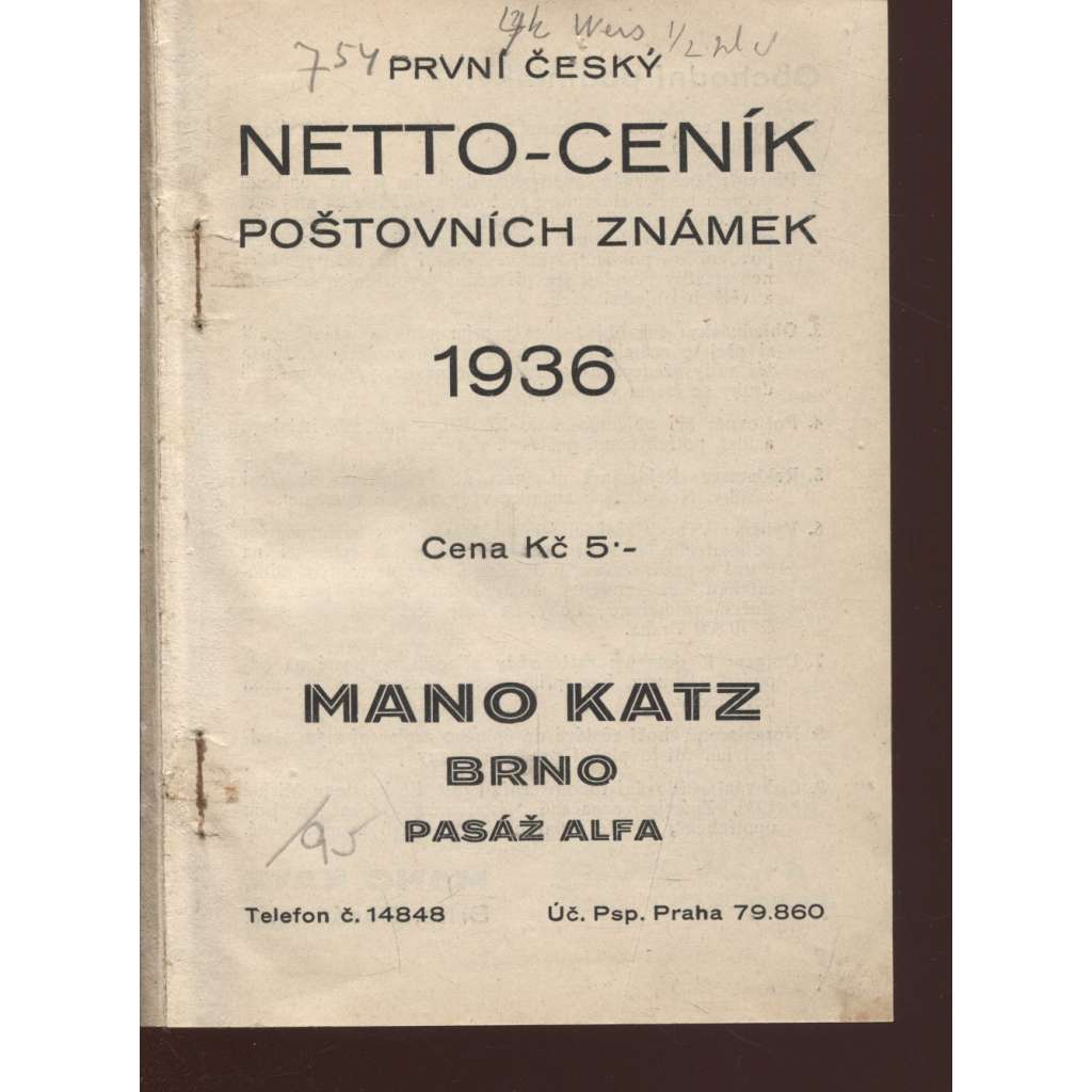První český netto-ceník poštovních známek 1936 (filatelie, známky)
