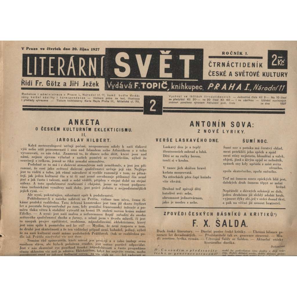 Literární svět, ročník I./1927-1928, čísla: 2.-13., 15. a 16. Čtrnáctideník české a světové kultury
