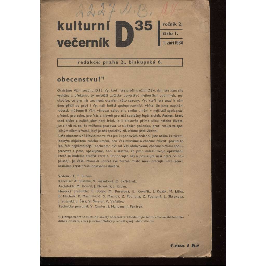 Kupec benátský. Kulturní večerník, ročník 2., číslo I./1934 (divadelní časopis, divadlo, program divadla)