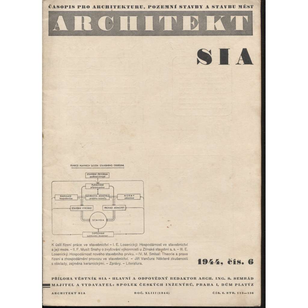 ARCHITEKT. Časopis pro architekturu, pozemní stavby a stavbu měst, ročník XLIII./1944, číslo 6. (architektura)