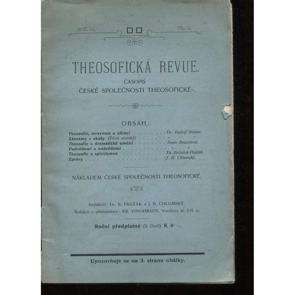 Theosofická revue, ročník XI./1909. Časopis České společnosti theosofické