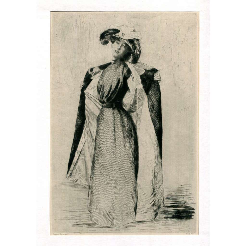 André-Charles Coppier - La dame au manteau [1901; lept; grafika; umění; dáma; žena; portrét; Francie]