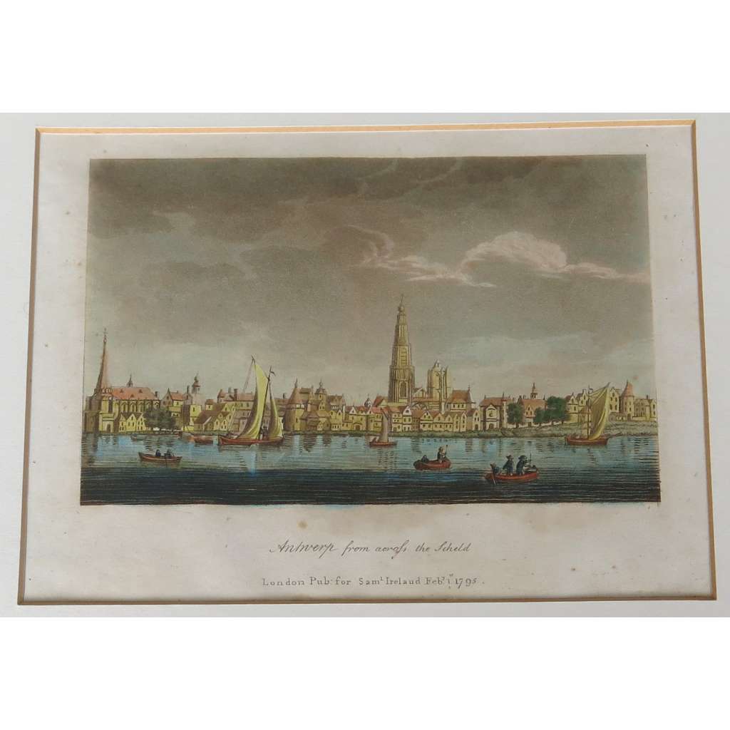 Antwerp from across the Scheld [1795; Pohled na Antverpy; veduta; rytina; akvatinta; grafika; Šelda; 18. století]