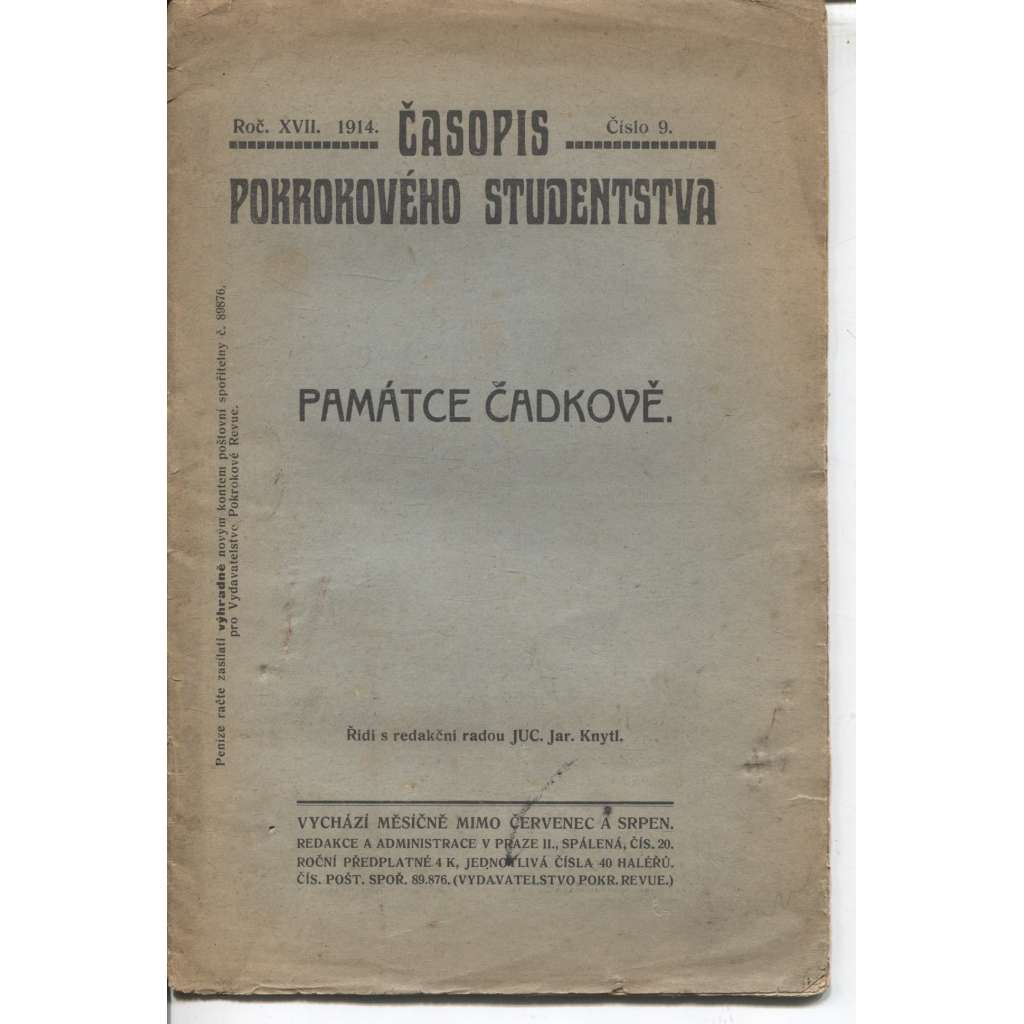 Památce Čadkově. Časopis Pokrokového studenstva 9/1914 (Gustav Čadek)