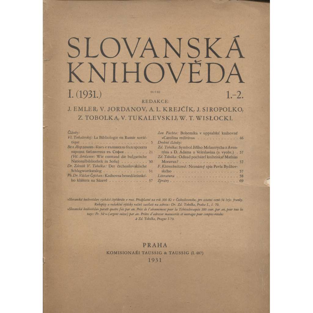 Slovanská knihověda I.(1931), 1.-4.