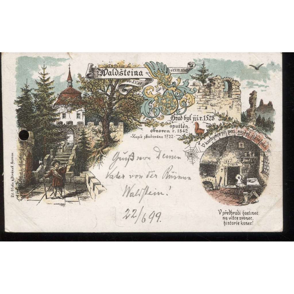 Valdštejn hrad, Turnov, Semily, litografie (pošk.)