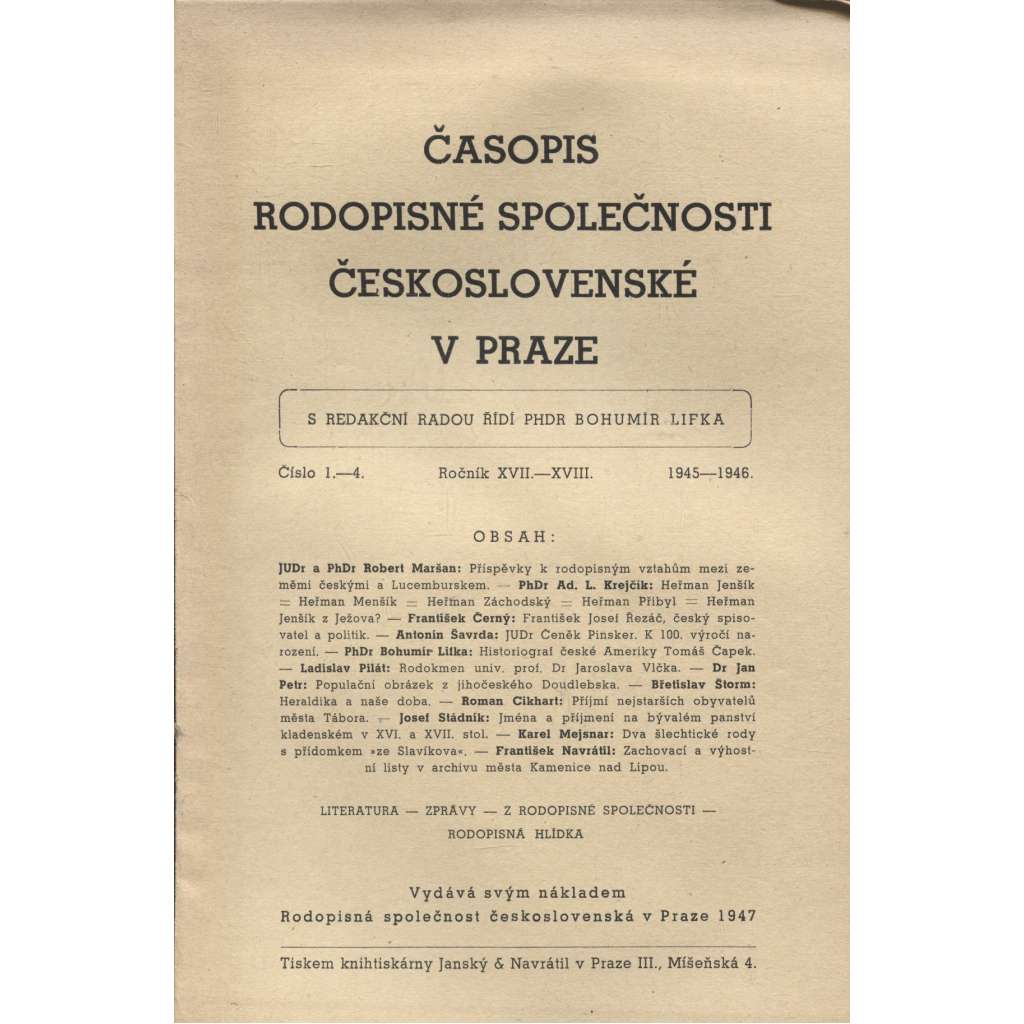 Časopis Rodopisné společnosti československé v Praze, ročník XVII.-XVIII./1945-1946