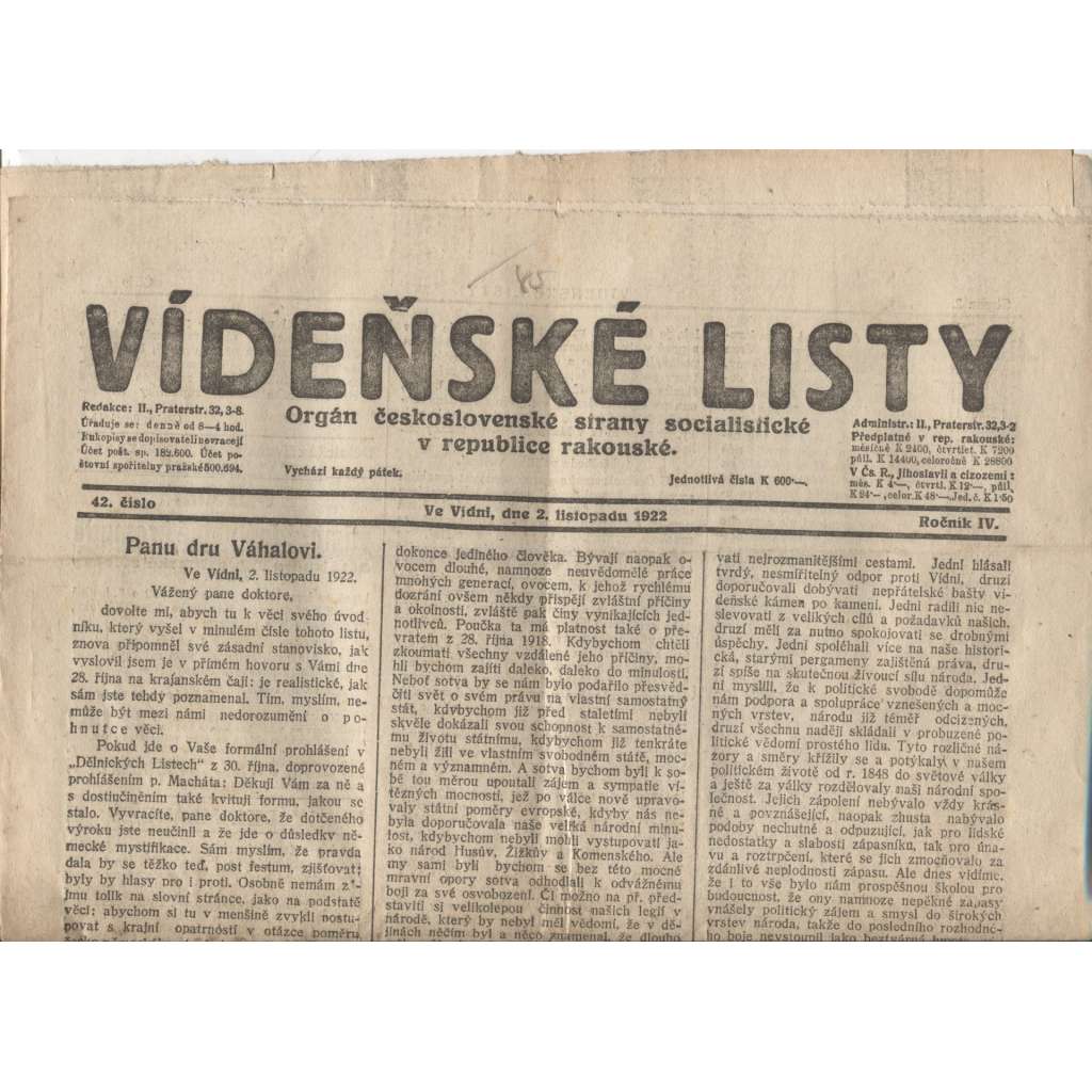 Vídeňské listy. Orgán československé strany socialistické v republice rakouské