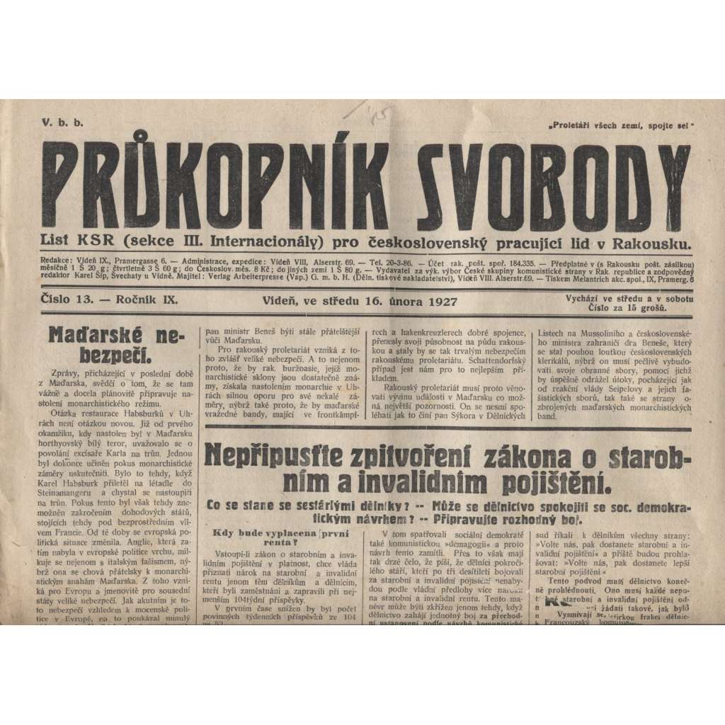 Průkopník svobody. List KSR pro československý pracující lid v Rakousku (noviny) - pošk.