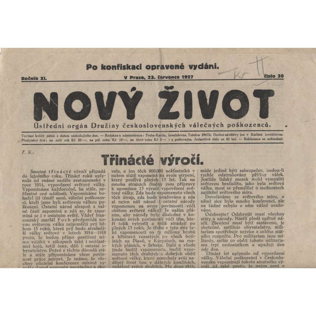 Nový život, ročník XI./1927. Ústřední orgán Družiny československých válečných poškozenců (noviny)