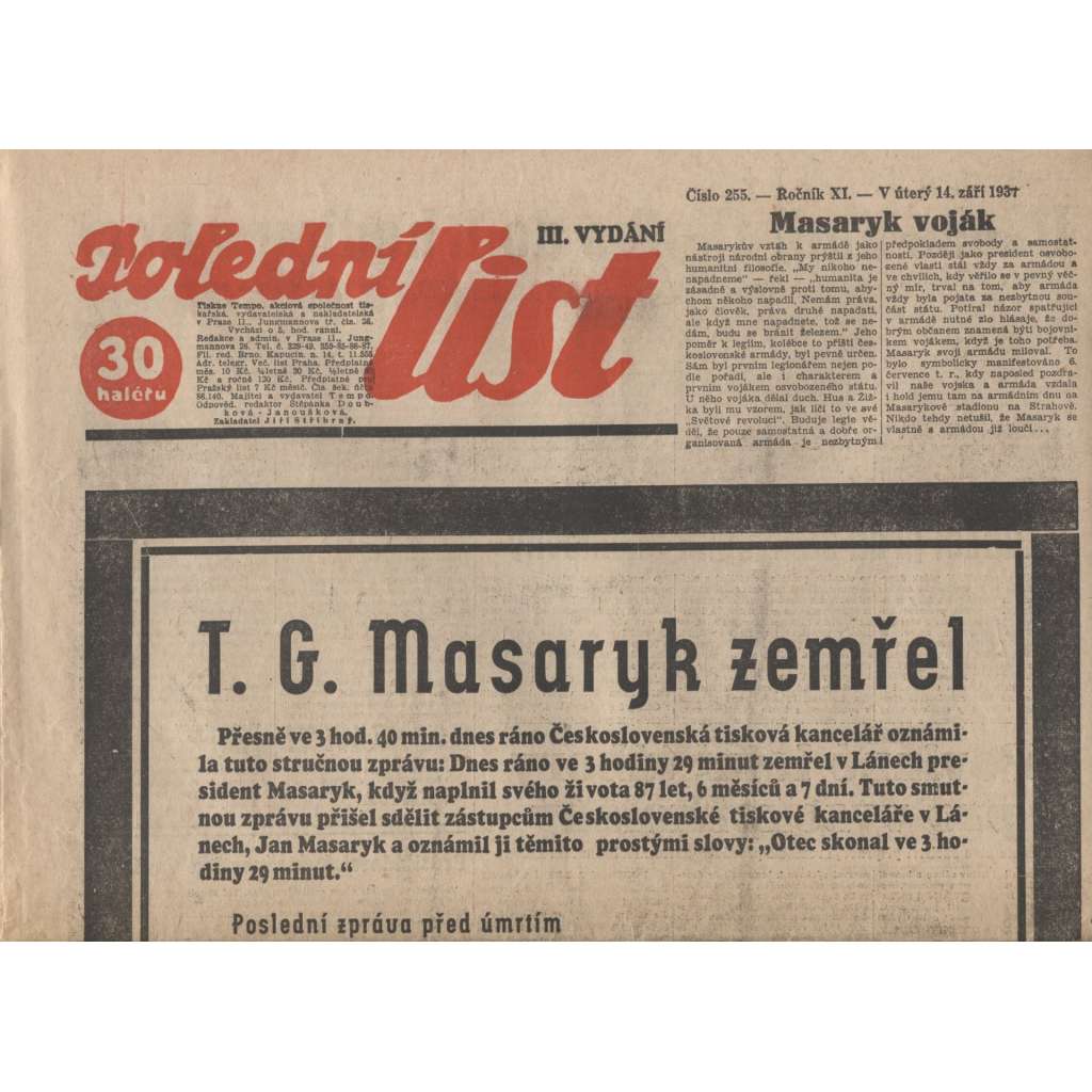Polední list (noviny 1937, úmrtí T. G. Masaryk, prezident)
