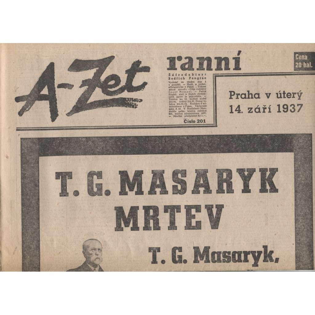A-Zet ranní (noviny 1937, úmrtí T. G. Masaryk, prezident)
