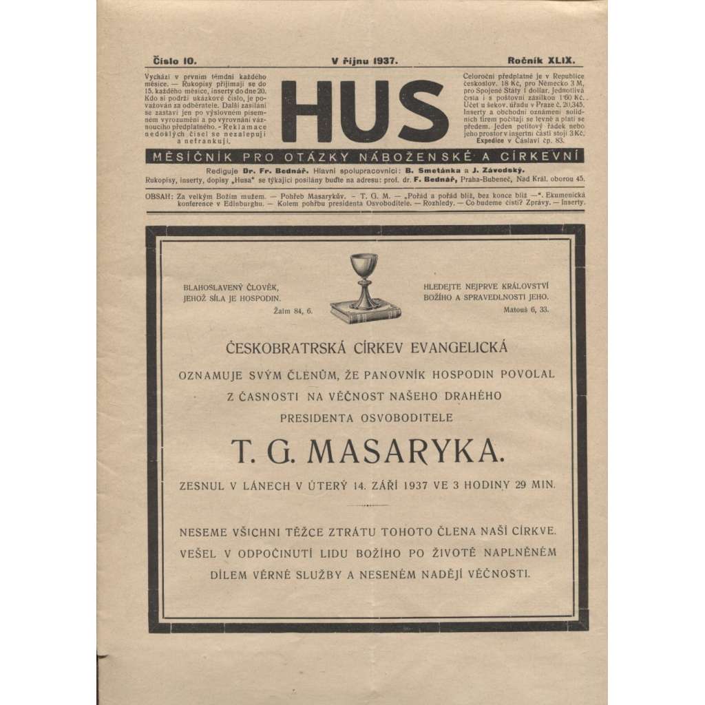 Hus (noviny 1937, úmrtí T. G. Masaryk, prezident)