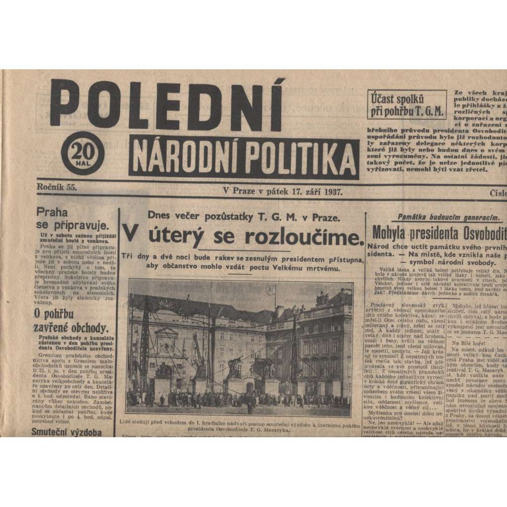 Polední Národní politika (noviny 1937, úmrtí T. G. Masaryk, prezident) - není kompletní
