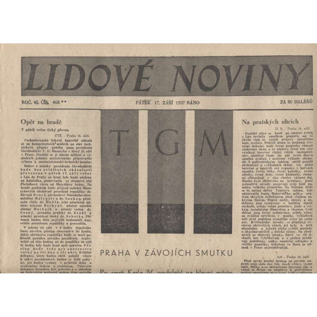 Lidové noviny (noviny 1937, úmrtí T. G. Masaryk, prezident) - není kompletní