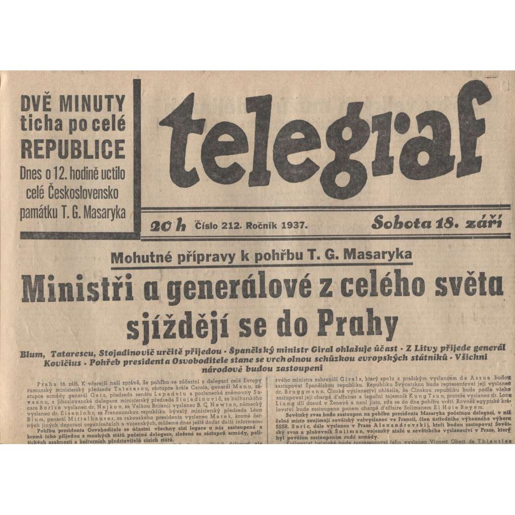 Telegraf (noviny 1937, úmrtí T. G. Masaryk, prezident)