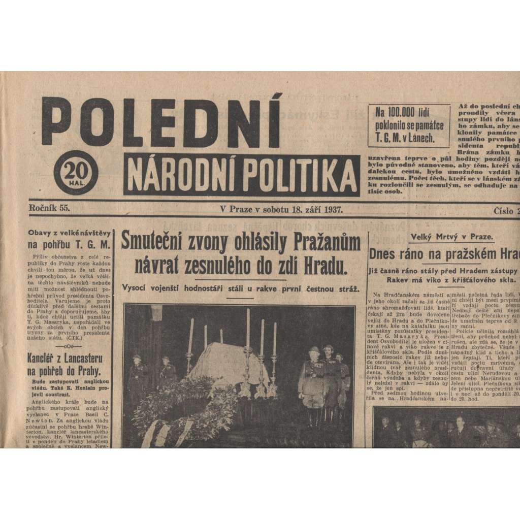 Polední Národní politika (noviny 1937, úmrtí T. G. Masaryk, prezident)
