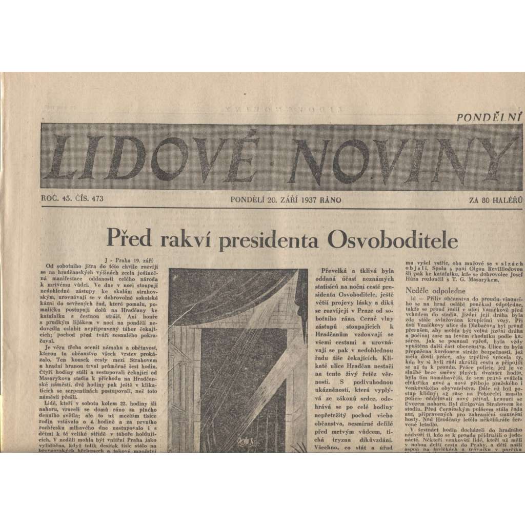 Lidové noviny   (noviny 1937, úmrtí T. G. Masaryk, prezident)