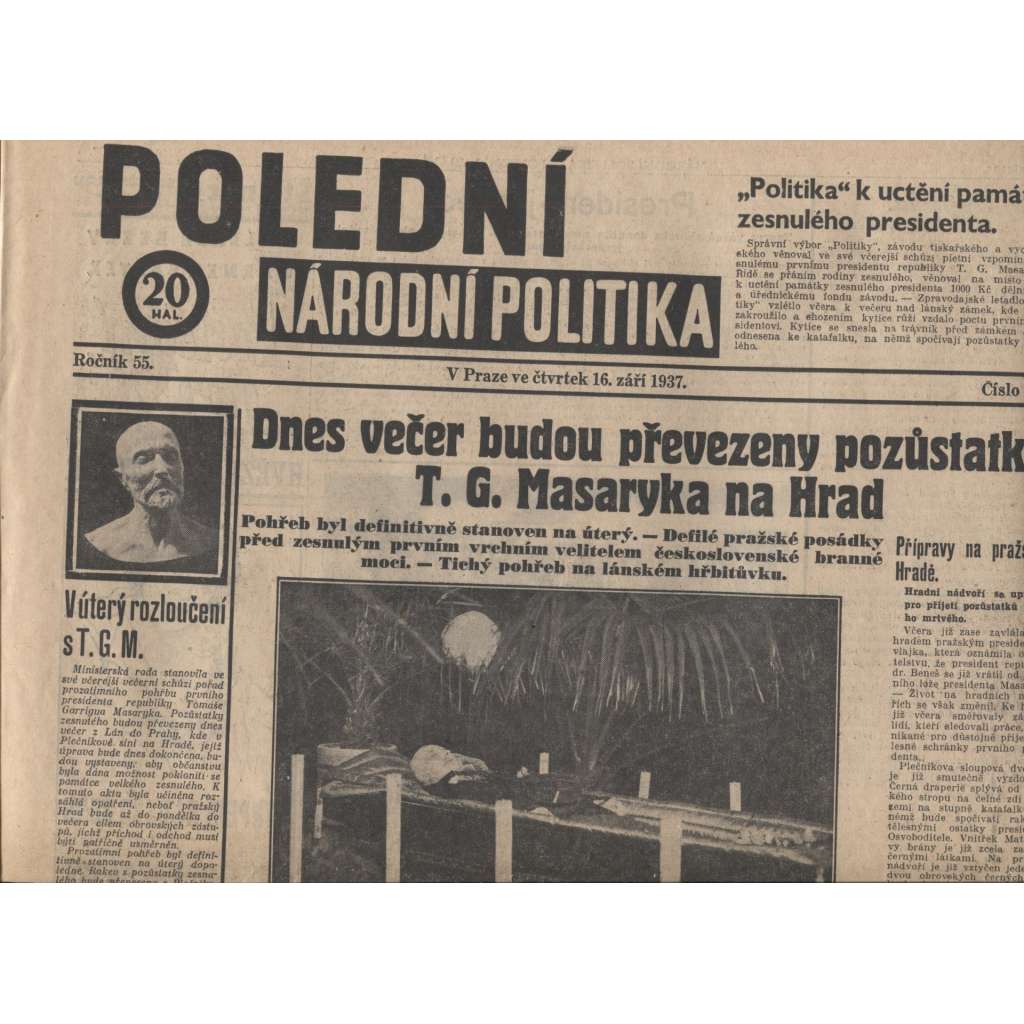 Polední Národní politika (noviny 1937, úmrtí T. G. Masaryk, prezident)