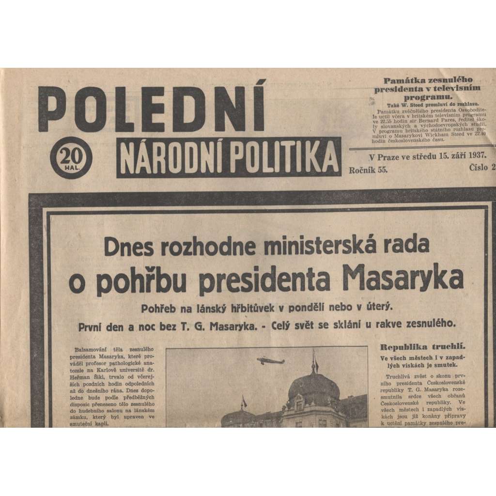 Polední Národní politika (noviny 1937, úmrtí T. G. Masaryk, prezident)