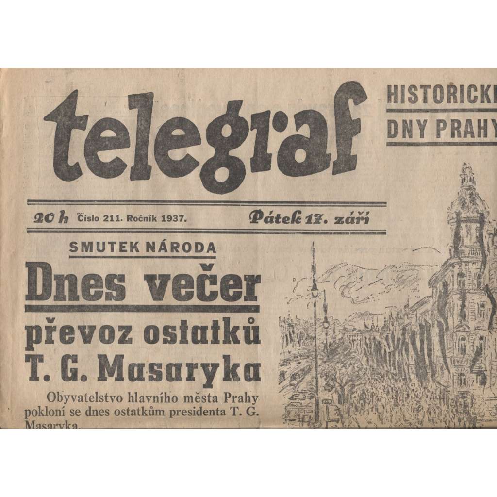 Telegraf (noviny 1937, úmrtí T. G. Masaryk, prezident)