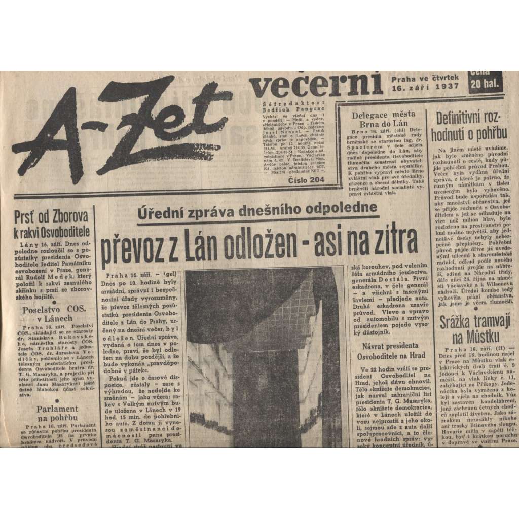A-Zet večerní (noviny 1937, úmrtí T. G. Masaryk, prezident)