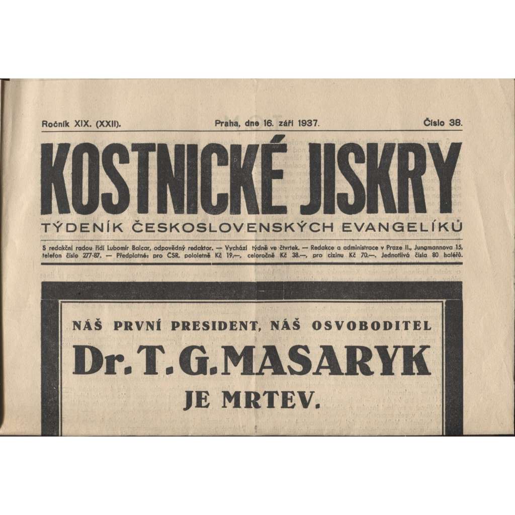 Kostnické jiskry (noviny 1937, úmrtí T. G. Masaryk, prezident)