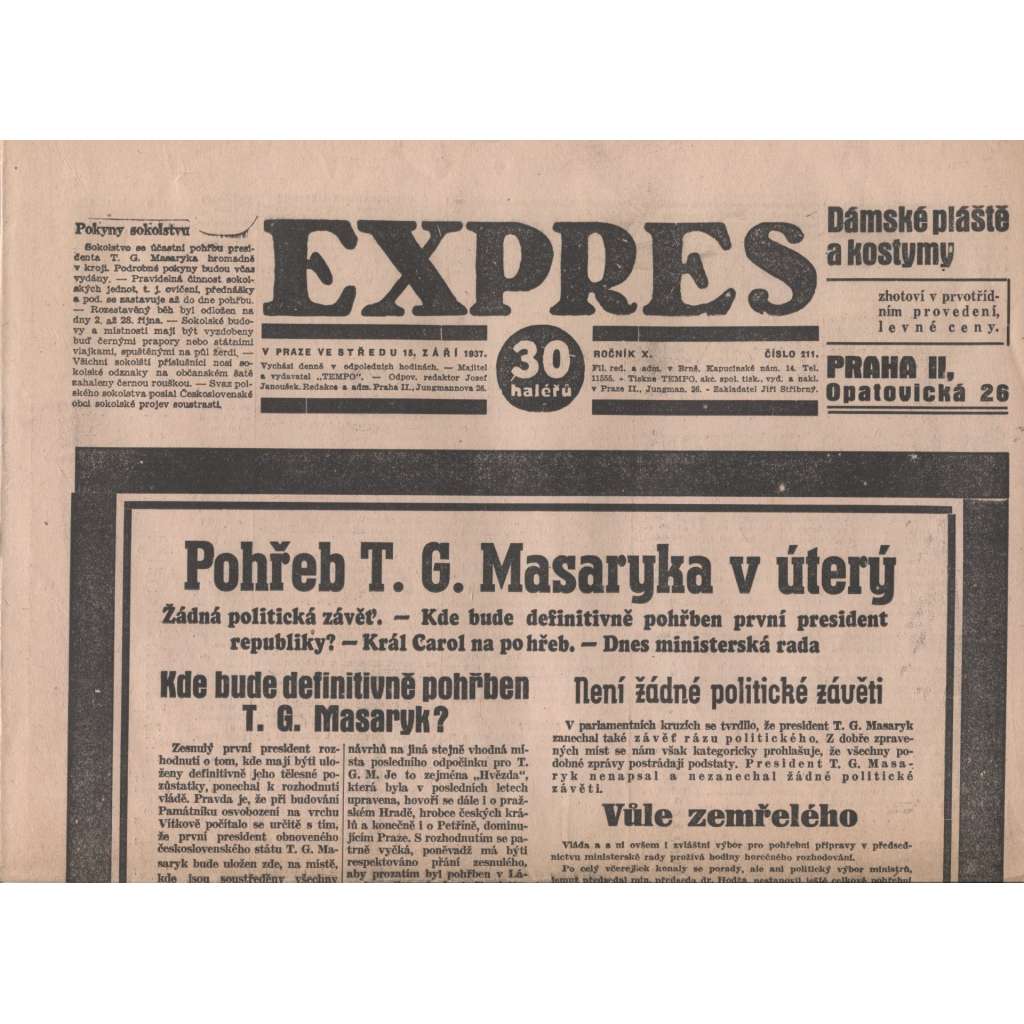 Expres (noviny 1937, úmrtí T. G. Masaryk, prezident)