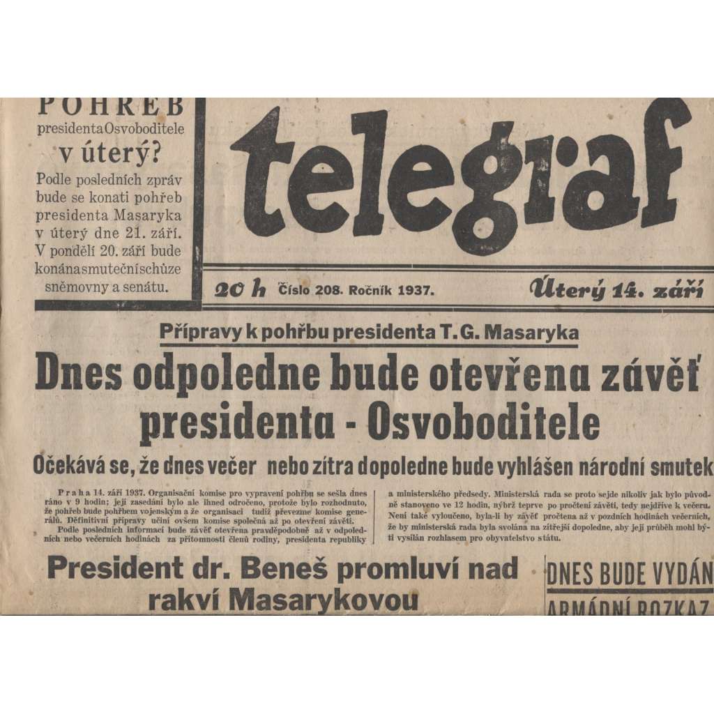 Telegraf (noviny 1937, úmrtí T. G. Masaryk, prezident)