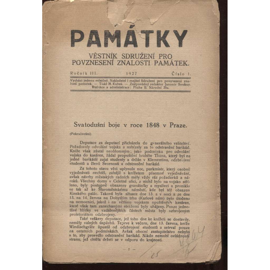 Památky, ročník III., číslo 1.-11/1927. Věstník sdružení pro povznesení znalosti památek