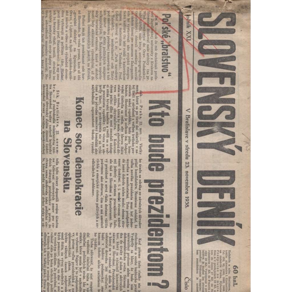 Slovenský deník (23. 11. 1938) - 1. republika, noviny, text slovensky