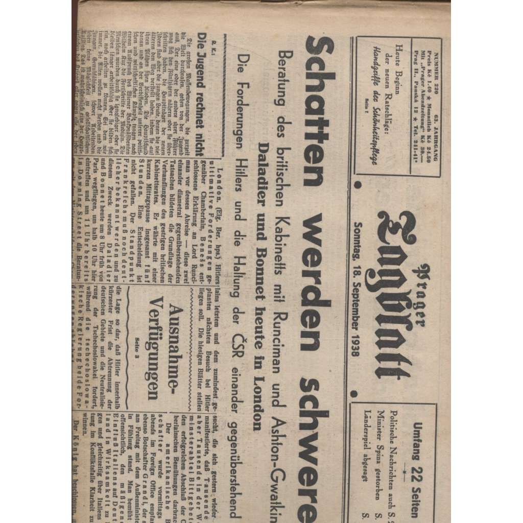 Prager Tagblatt  (noviny, září, říjen 1938 a listopad 1934, Mnichov, 1. republika) - 7 čísel