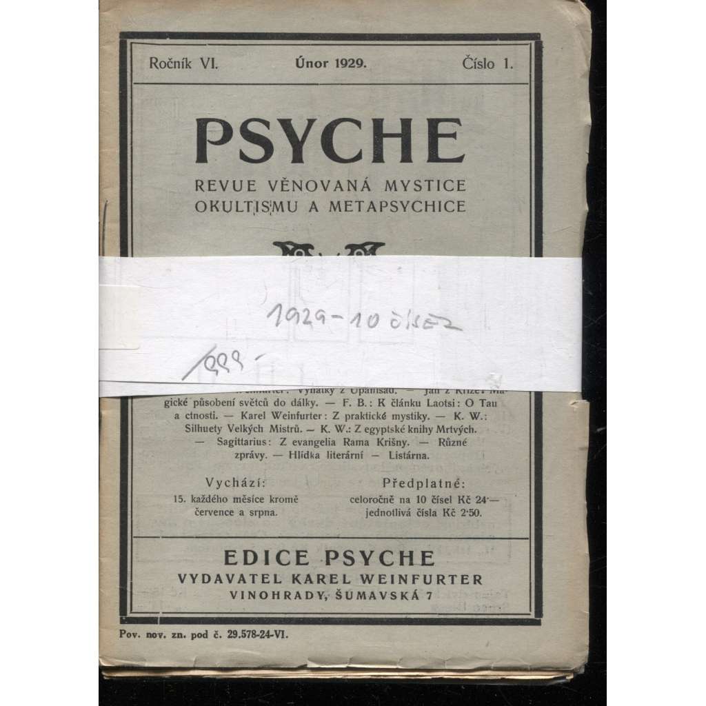 Psyche, ročník VI./1929, čísla 1.-10. (Revue věnovaná mystice, okultismu a metapsychice)