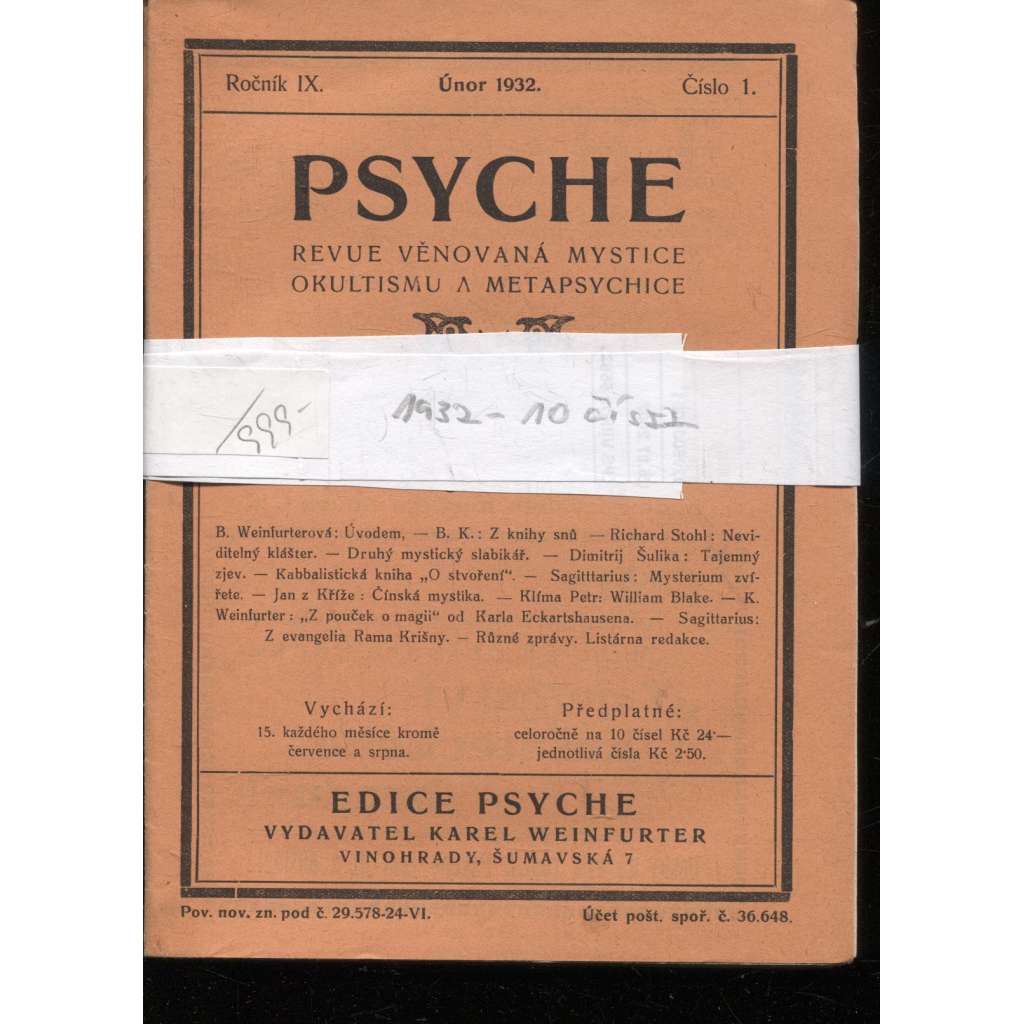 Psyche, ročník IX./1932, čísla 1.-10. (Revue věnovaná mystice, okultismu a metapsychice)