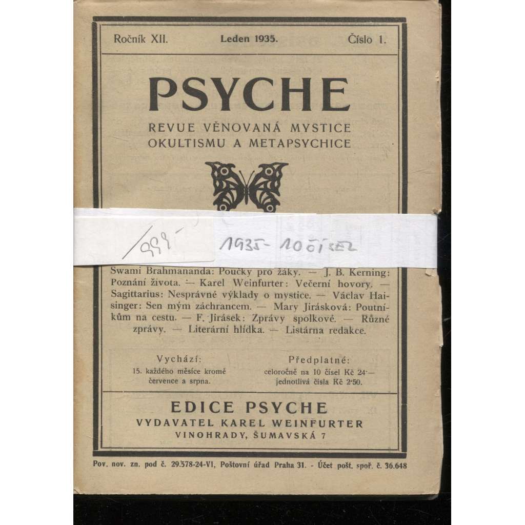 Psyche, ročník XII./1935, čísla 1.-10. (Revue věnovaná mystice, okultismu a metapsychice)