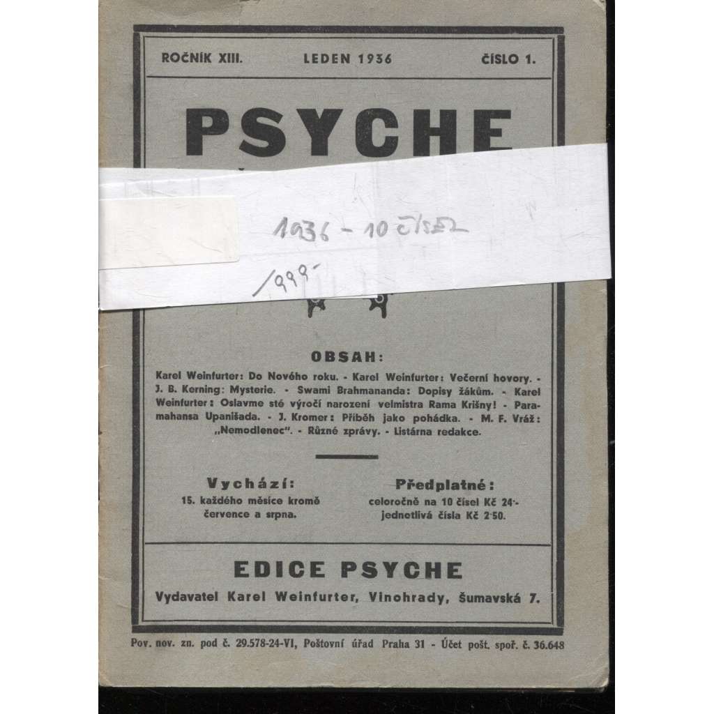 Psyche, ročník XIII./1936, čísla 1.-10. (Revue věnovaná mystice, okultismu a metapsychice)