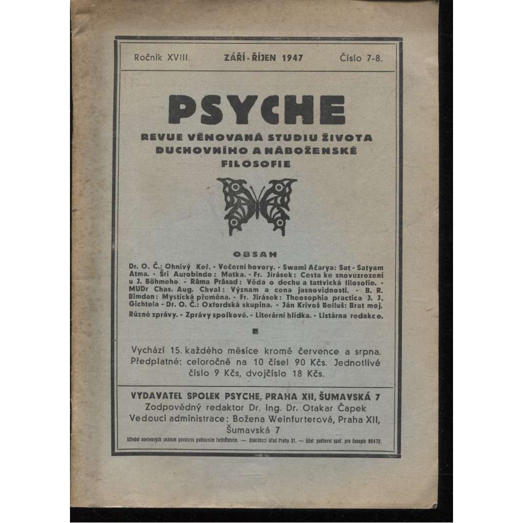 Psyche, ročník XVIII./1947, číslo 7.-8. (Revue věnovaná studiu života duchovního a náboženské filosofie)