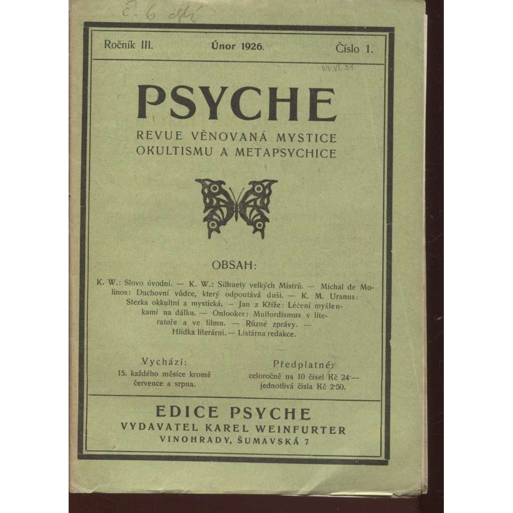 Psyche, ročník III./1926, čísla 1.-5. a 7.-10. (Revue věnovaná mystice, okultismu a metapsychice) - není kompletní - chybí číslo 6