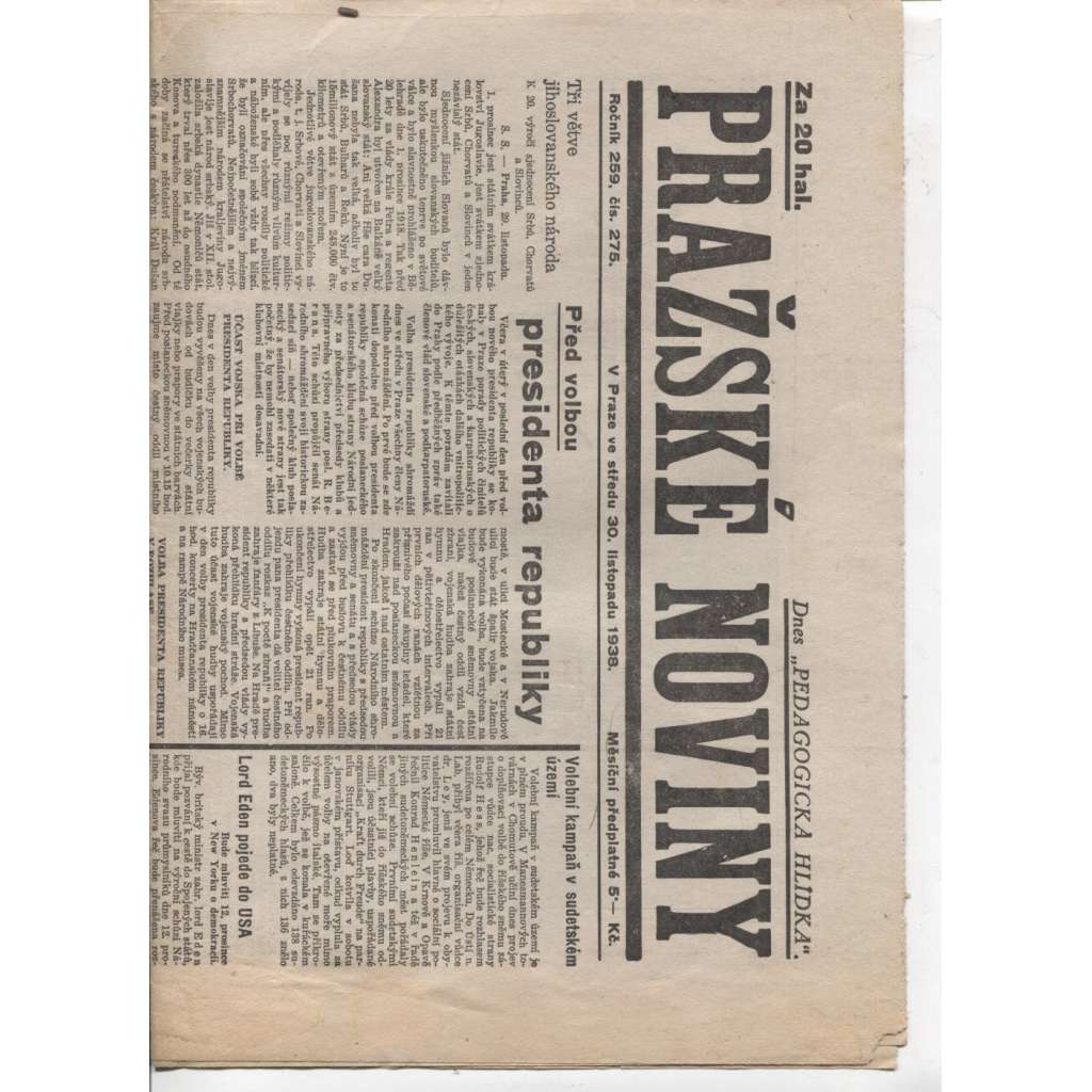 Pražské noviny (noviny 1938, 1. republika) - 12 kusů