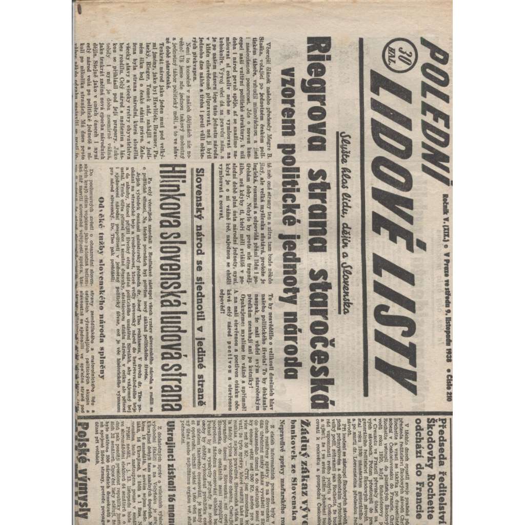 Polední lidové listy  (noviny 1935, 1938 a 1939, 1. republika) - 14 kusů