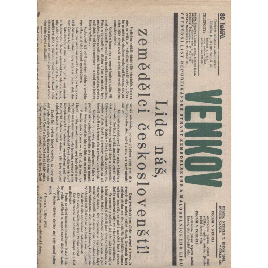 Venkov (noviny 1935, 1937, 1938, 1939 a 1940. 1. republika, protektorát) - 17 kusů