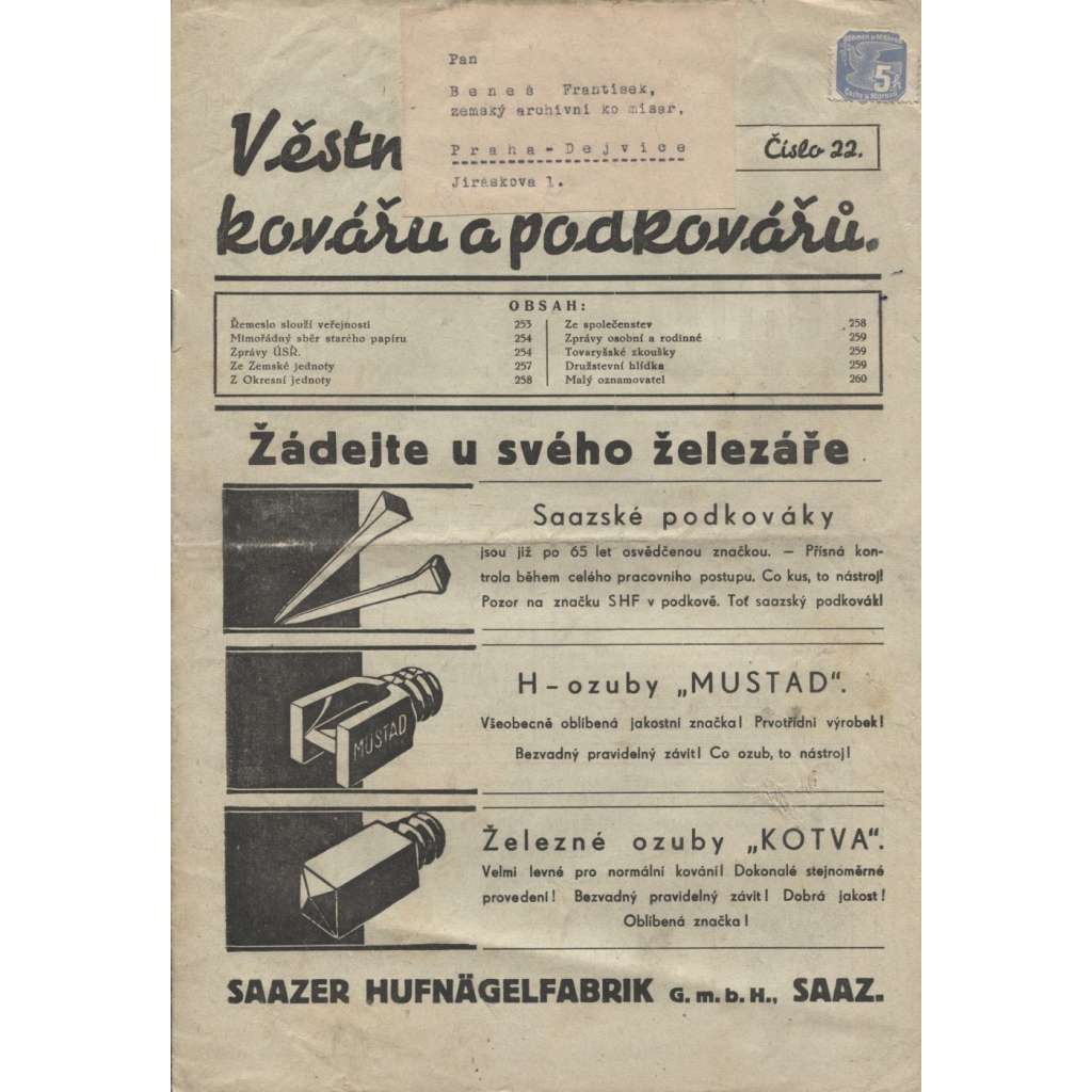 Věstník kovářů a podkovářů, č. 22 a 23/1942 (Kovářství)