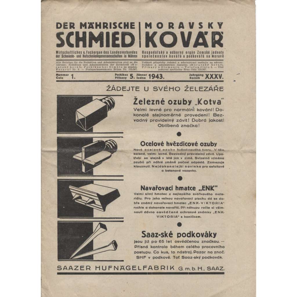 Moravský kovář, č. 1.-9./1943 (Kovářství) - Der Mährische Schmied