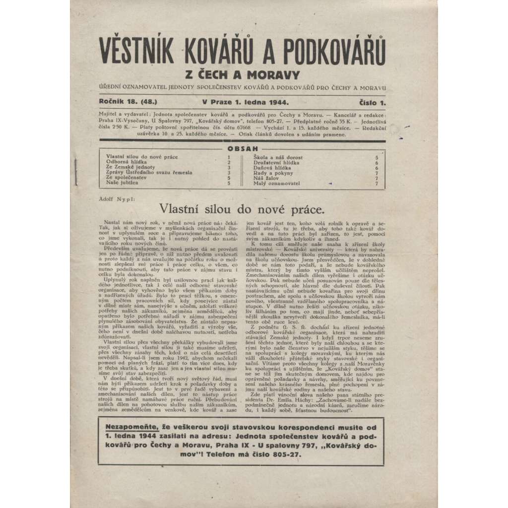 Věstník kovářů a podkovářů, č. 1.- 24./1944 (Kovářství)