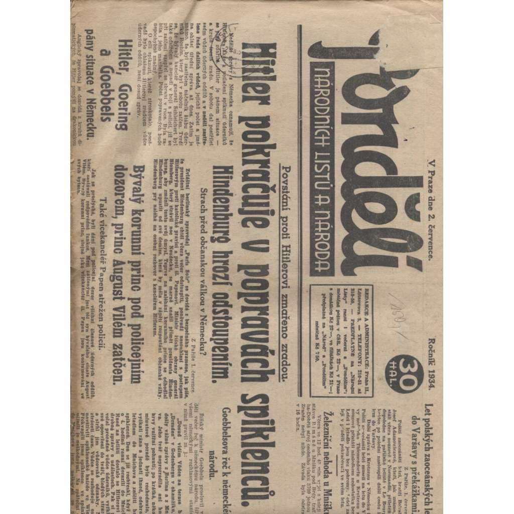 Pondělí Národních listů a národa (2.7.1934) - noviny 1. republika