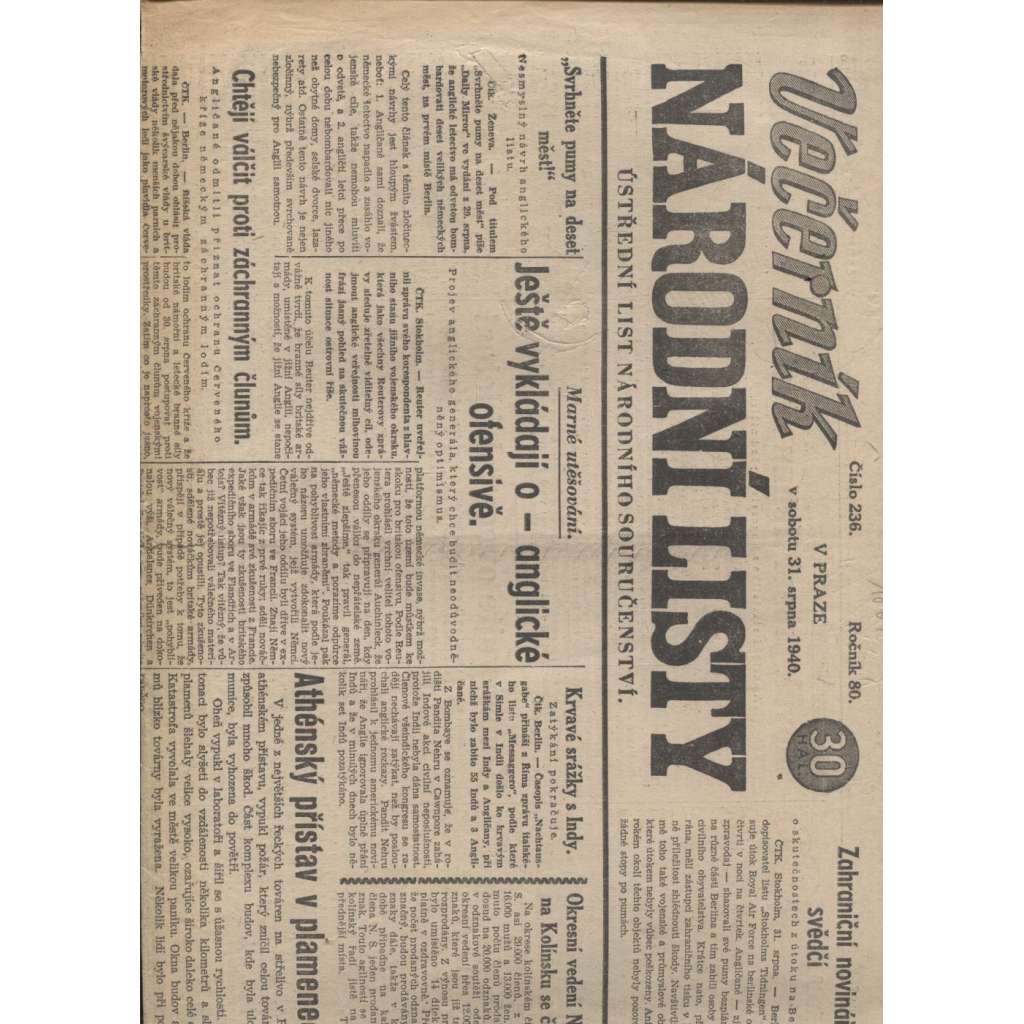 Večerník Národní listy (31.8.1940) - Protektorát, staré noviny